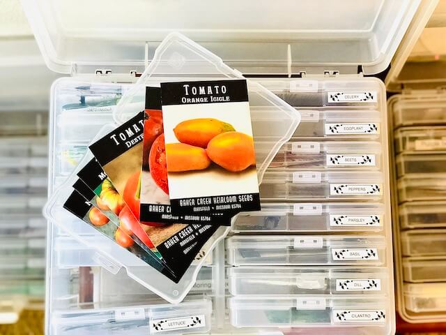 IMG_5172 3 photo organizer boxes opened with packets of garden seeds