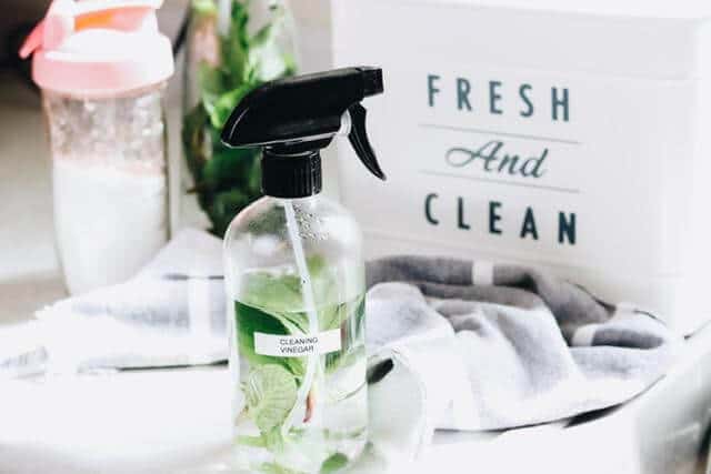 cleaning vinegar bottle with mint inside a kitchen counter
